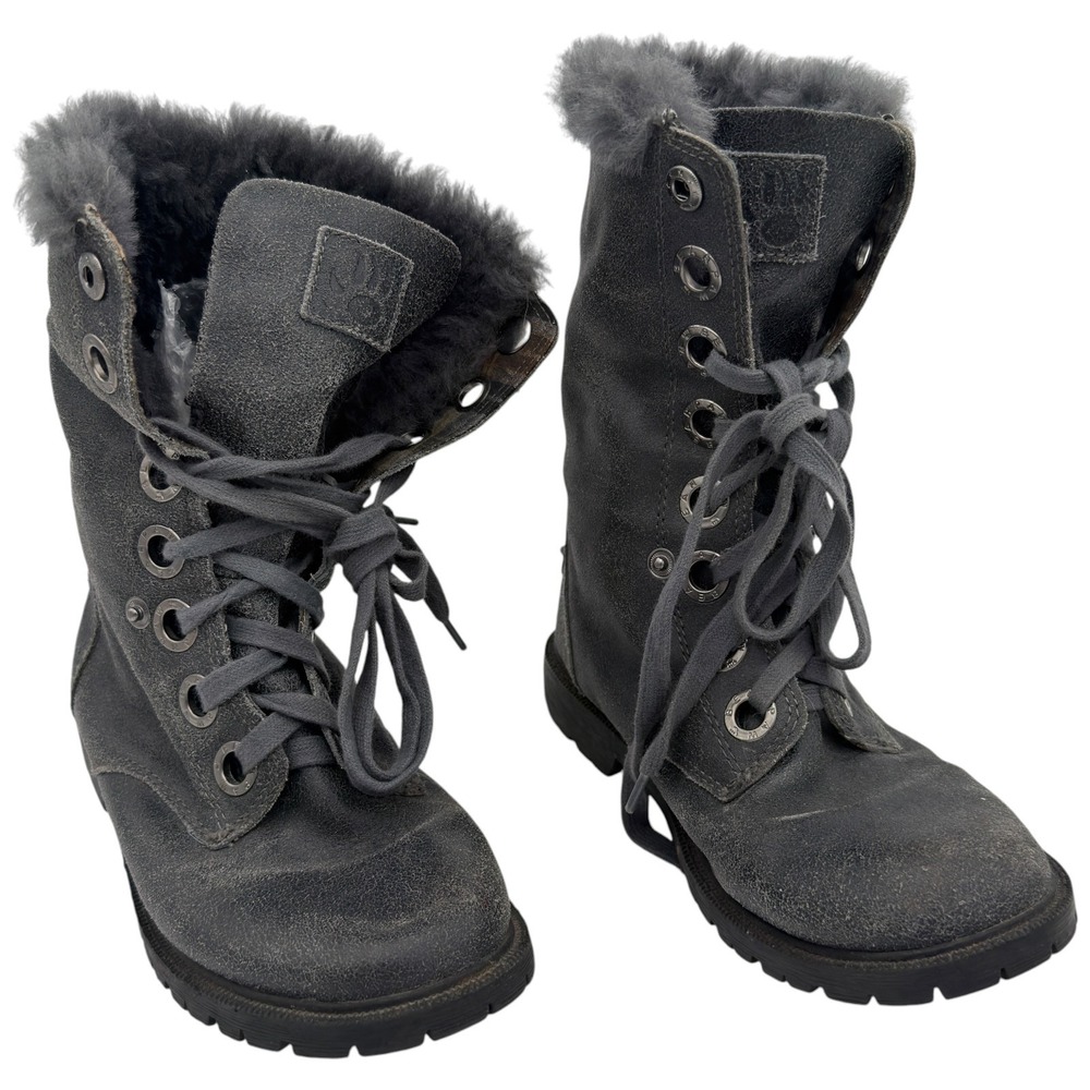 BEARPAW Womens 8 Gray Suede Lace Up Sheepskin Lined Mid Calf Boots